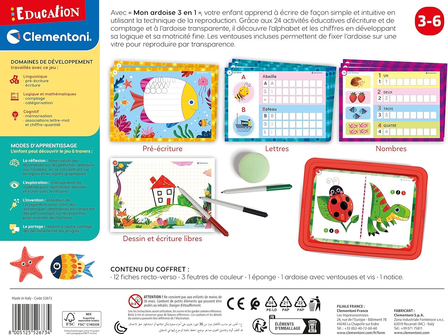 Ardoise 3 en 1 Clementoni - Tableau d'apprentissage avec fiches